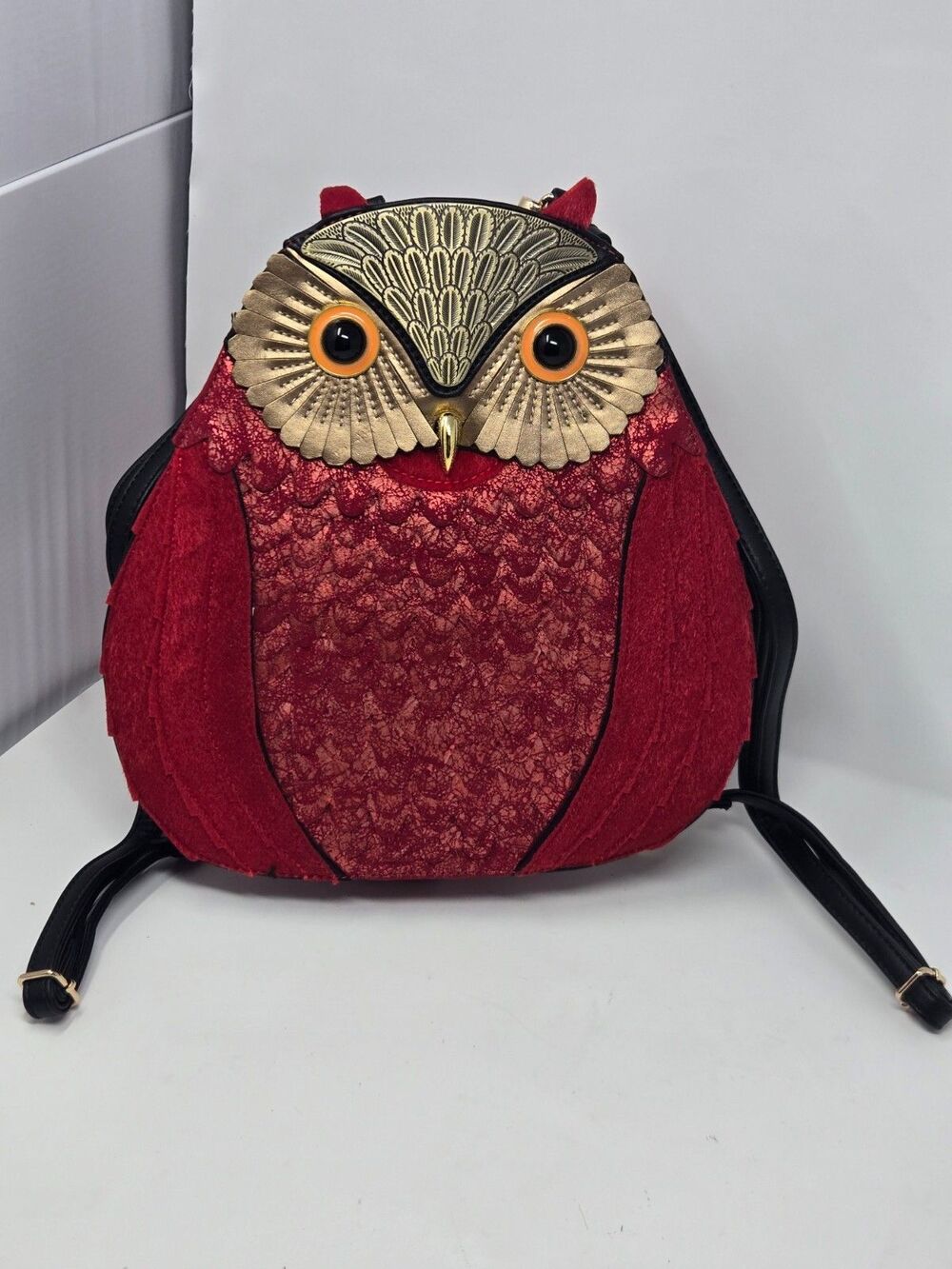 Metallic Red Owl Backpack Purse Crossbody Gold Face Whimsigoth Sequin Festival
